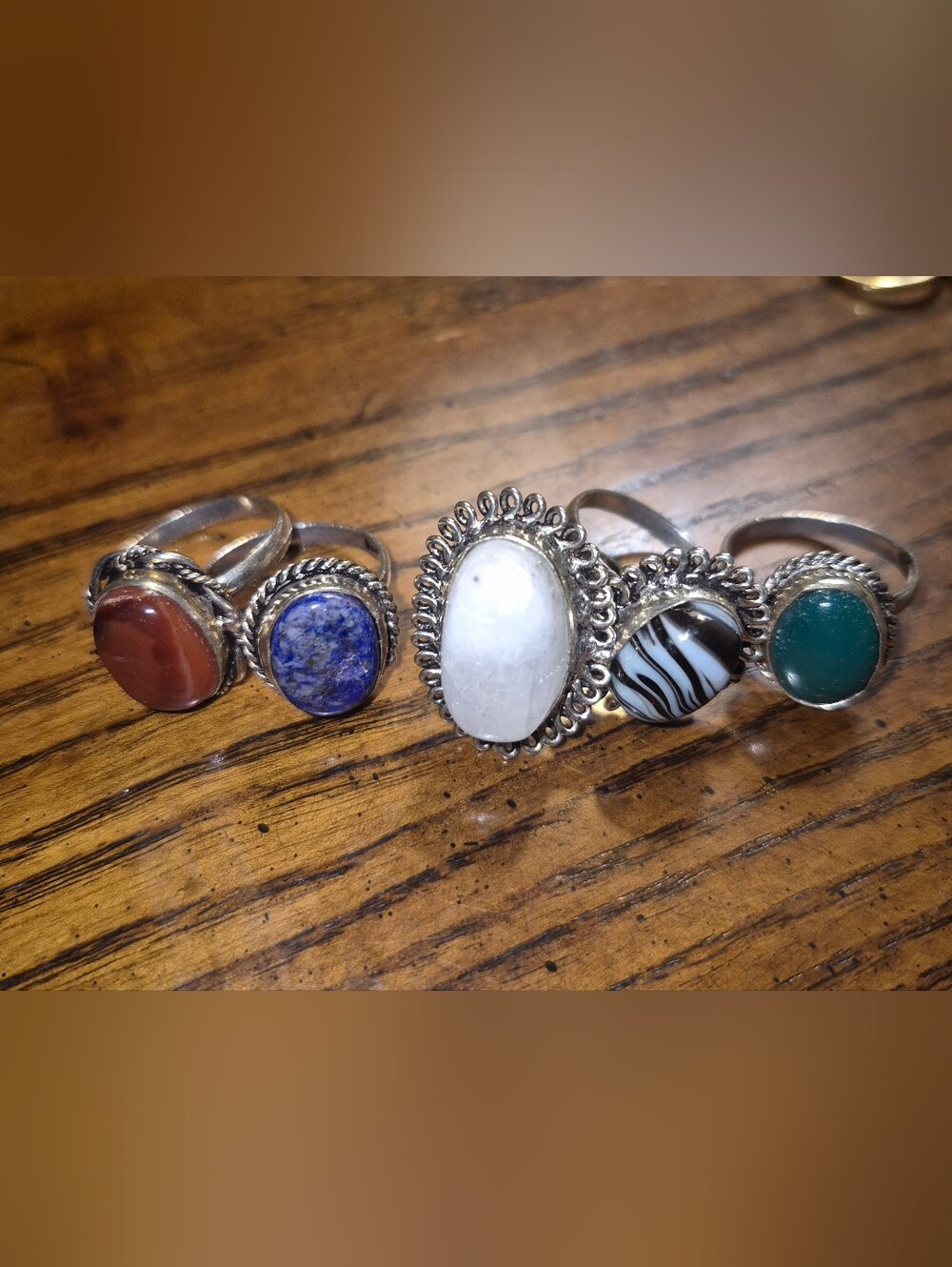 Sterling Silver (Untested) Bundle of 5 Natural Stone Rings Sz 9-9.5
